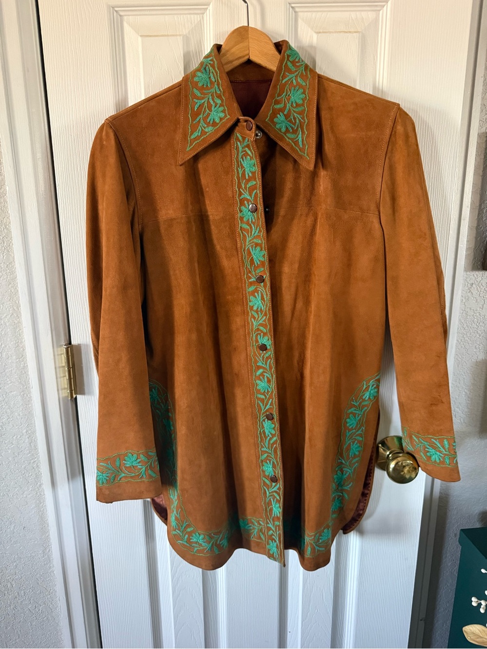 Vintage Suede Embroidered Western Jacket - Brown with Turquoise Accents - Picture 2 of 11